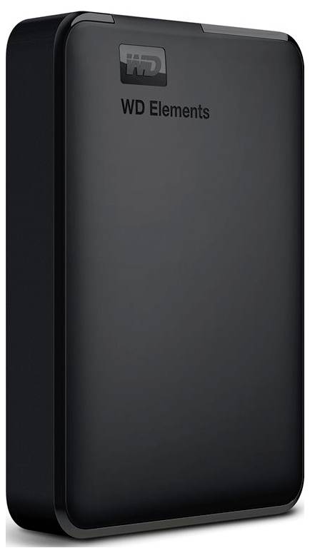 Externí pevný disk 'WD Elements', černý, ve vertikální pozici.