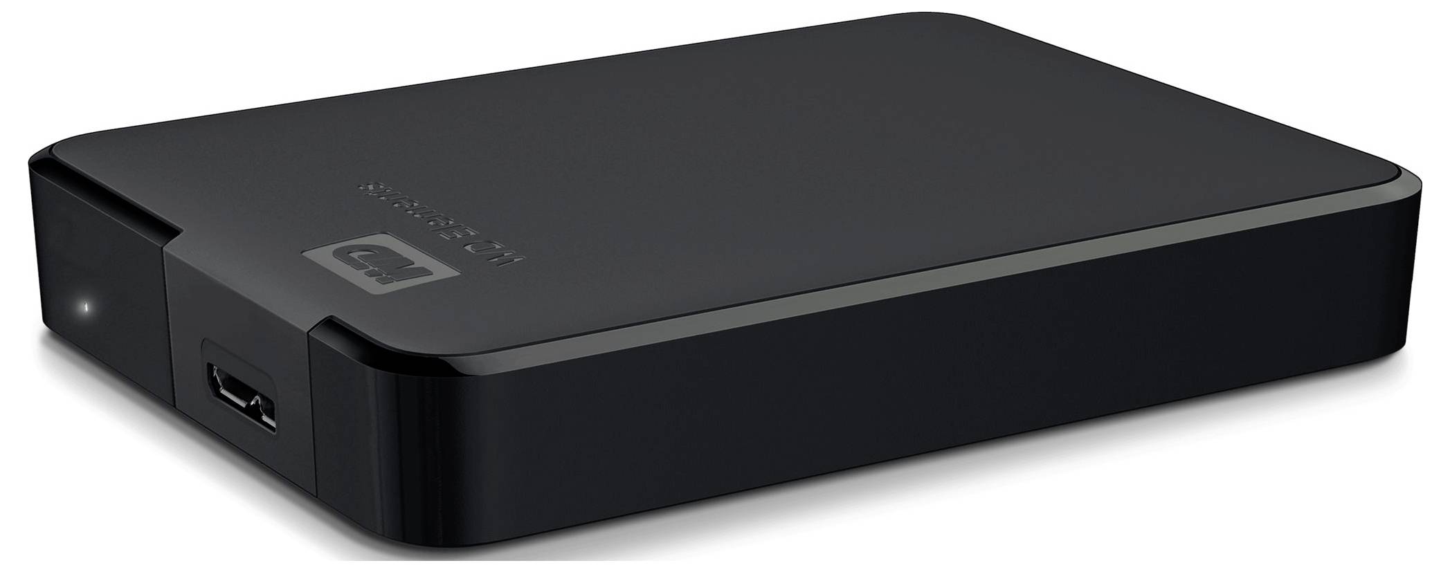 Externí černý pevný disk s USB připojením, obdélníkového a plochého tvaru, určený pro ukládání dat.