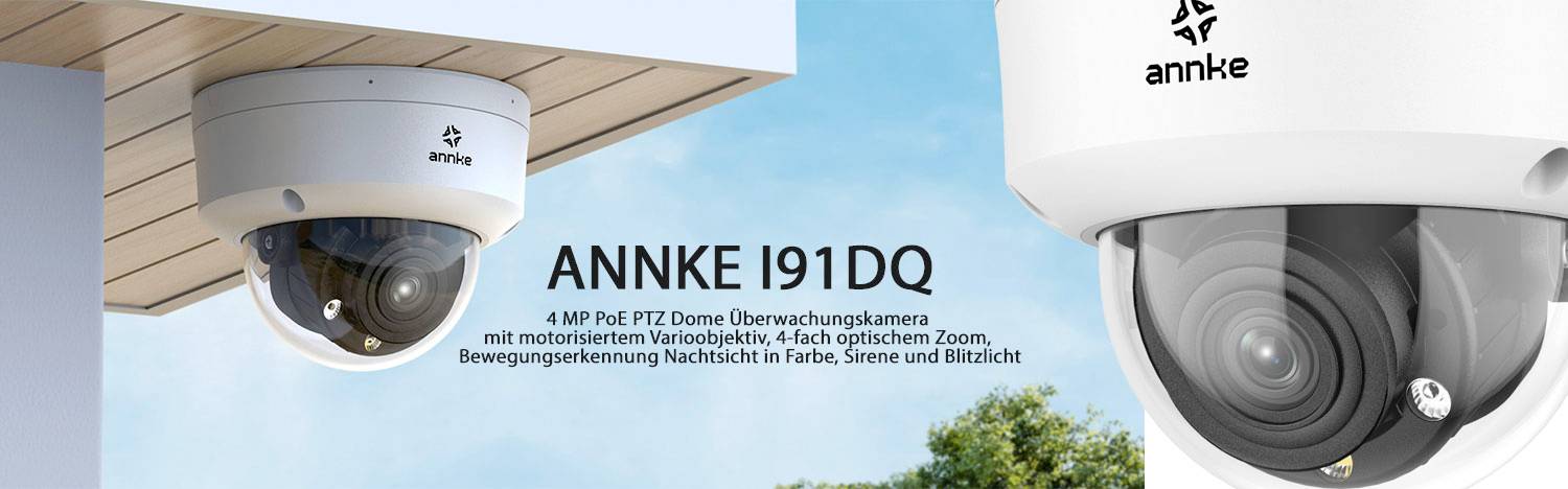 Sledovací kamera ANNKE I91DQ s 4 MP, PTZ kopulovitým objektem, 4násobným optickým zoomem, barevným nočním viděním, sirénou a bleskem pro dohled.