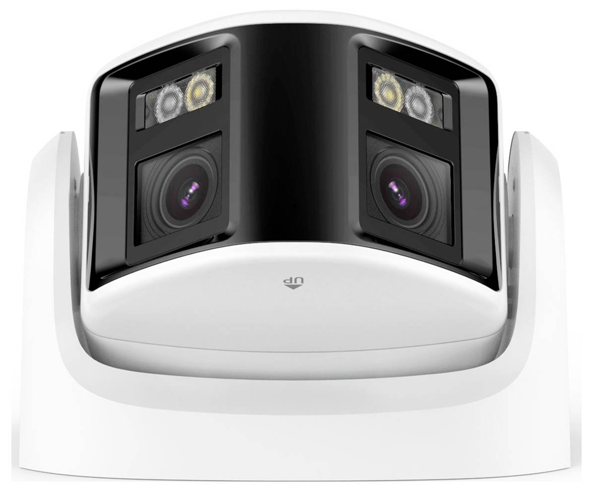 Bezpečnostní kamera se dvěma objektivy a LED osvětlením v moderním bílém pouzdře.