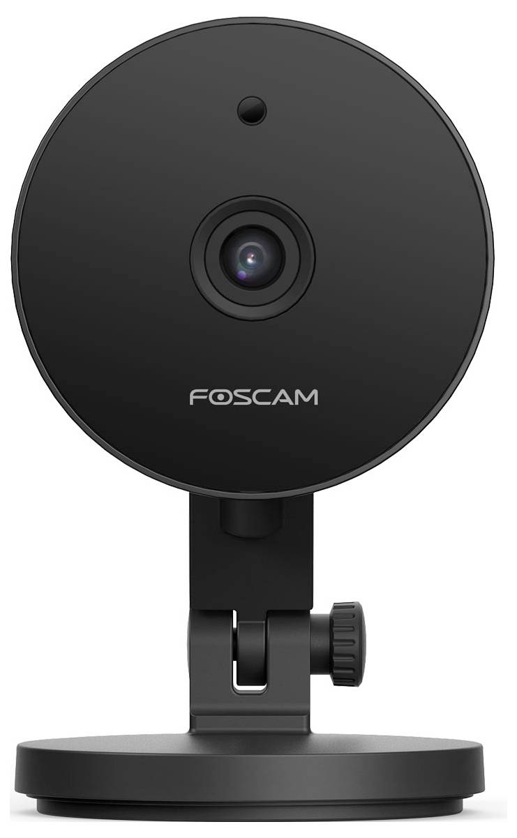 Černá, kulatá bezpečnostní kamera na stojanu, označená štítkem 'Foscam', s objektivem směřujícím dopředu.