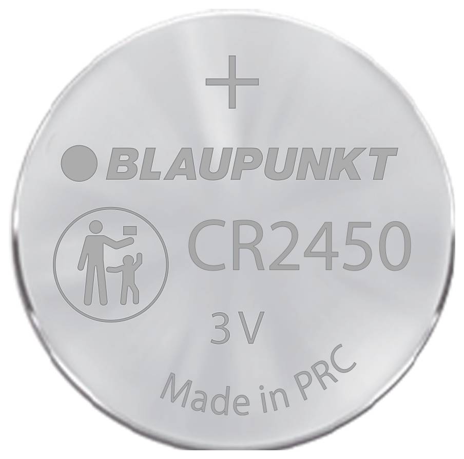 Stříbrná knoflíková baterie s nápisem 'Blaupunkt CR2450 3V Vyrobeno v ČLR' a výstražným symbolem pro děti.