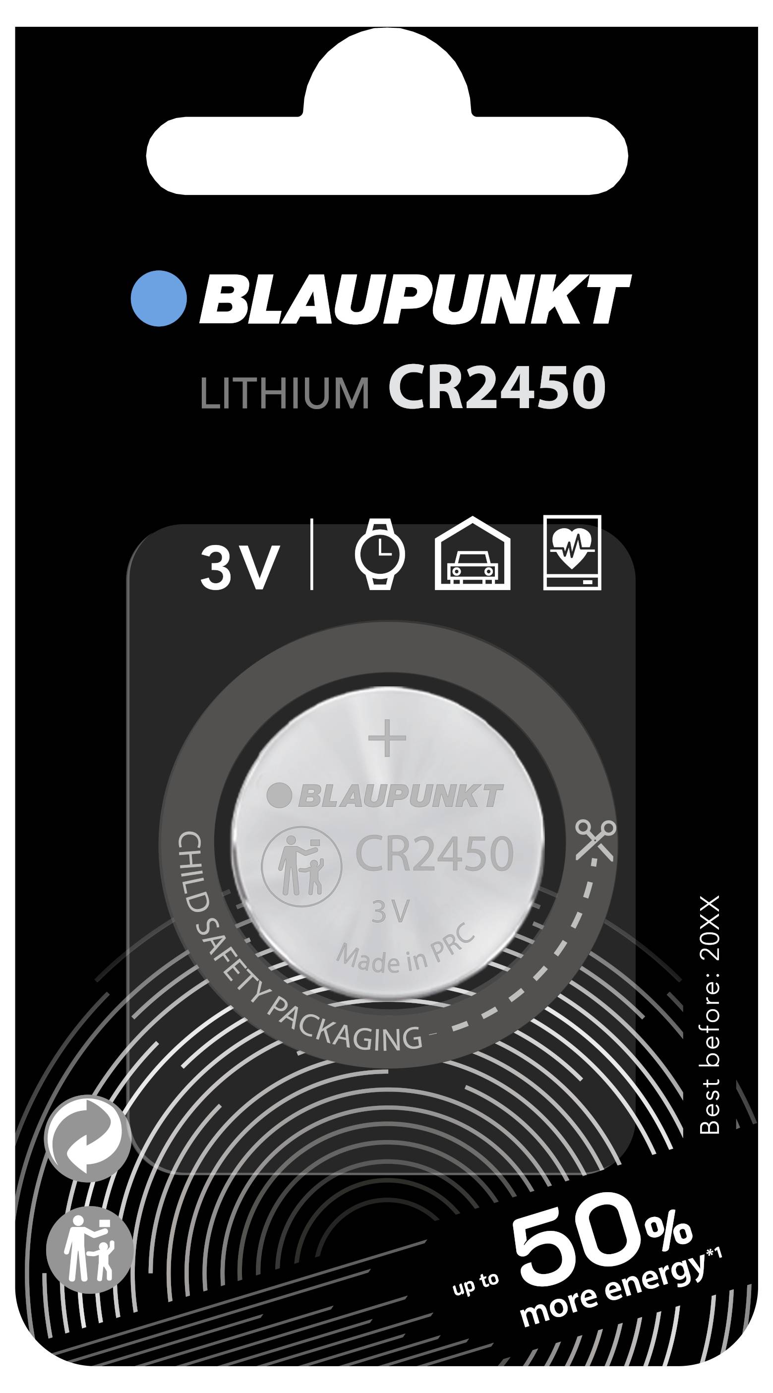 'Blaupunkt CR2450 lithiový knoflíkový článek, 3V, dětsky bezpečné balení, až o 50 % více energie, datum expirace: 20XX.'