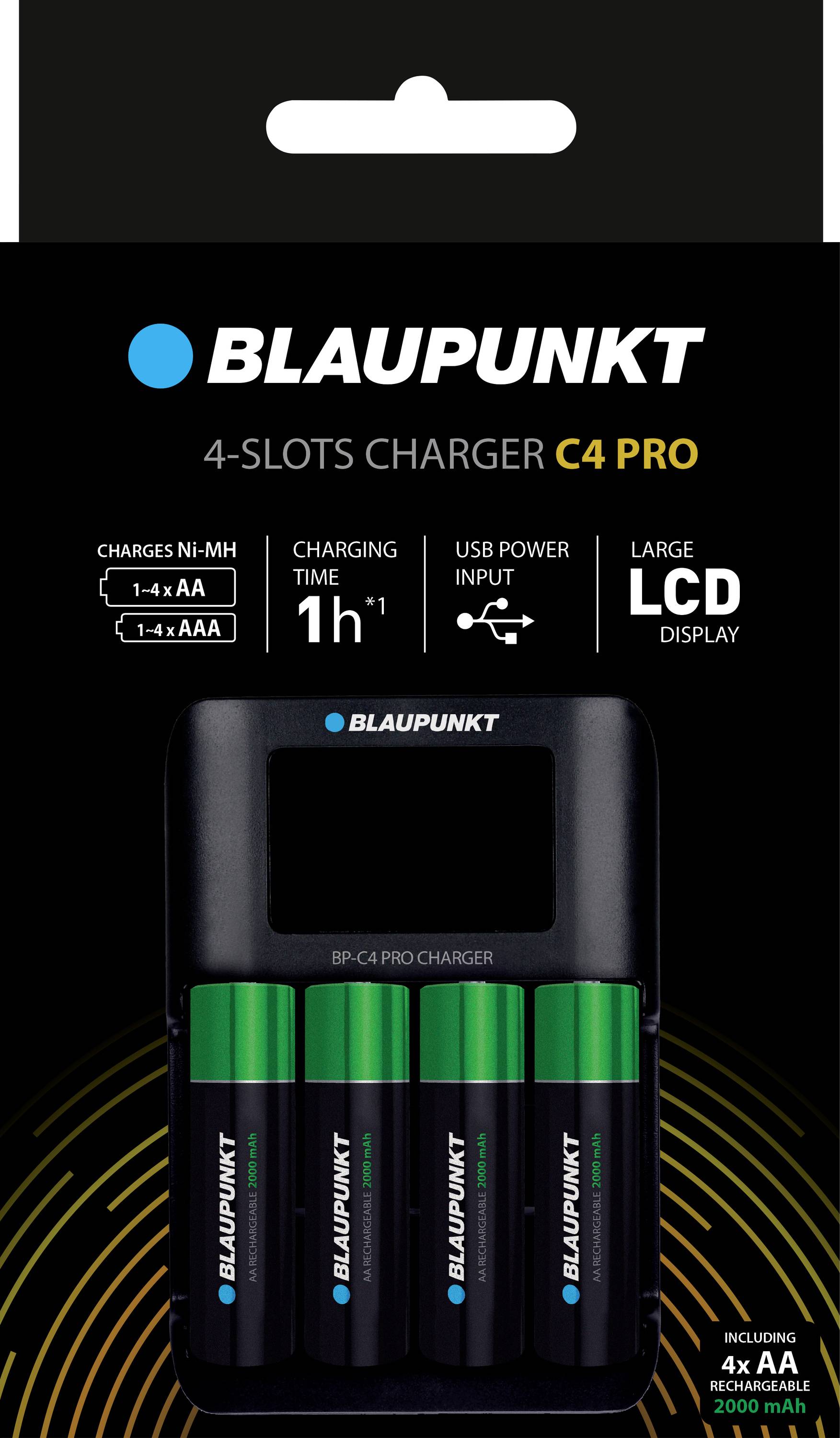 Nabíječka Blaupunkt C4 Pro se čtyřmi AA akumulátory, doba nabíjení 1 hodina, napájení přes USB, LCD displej. Vhodná pro AA a AAA baterie.