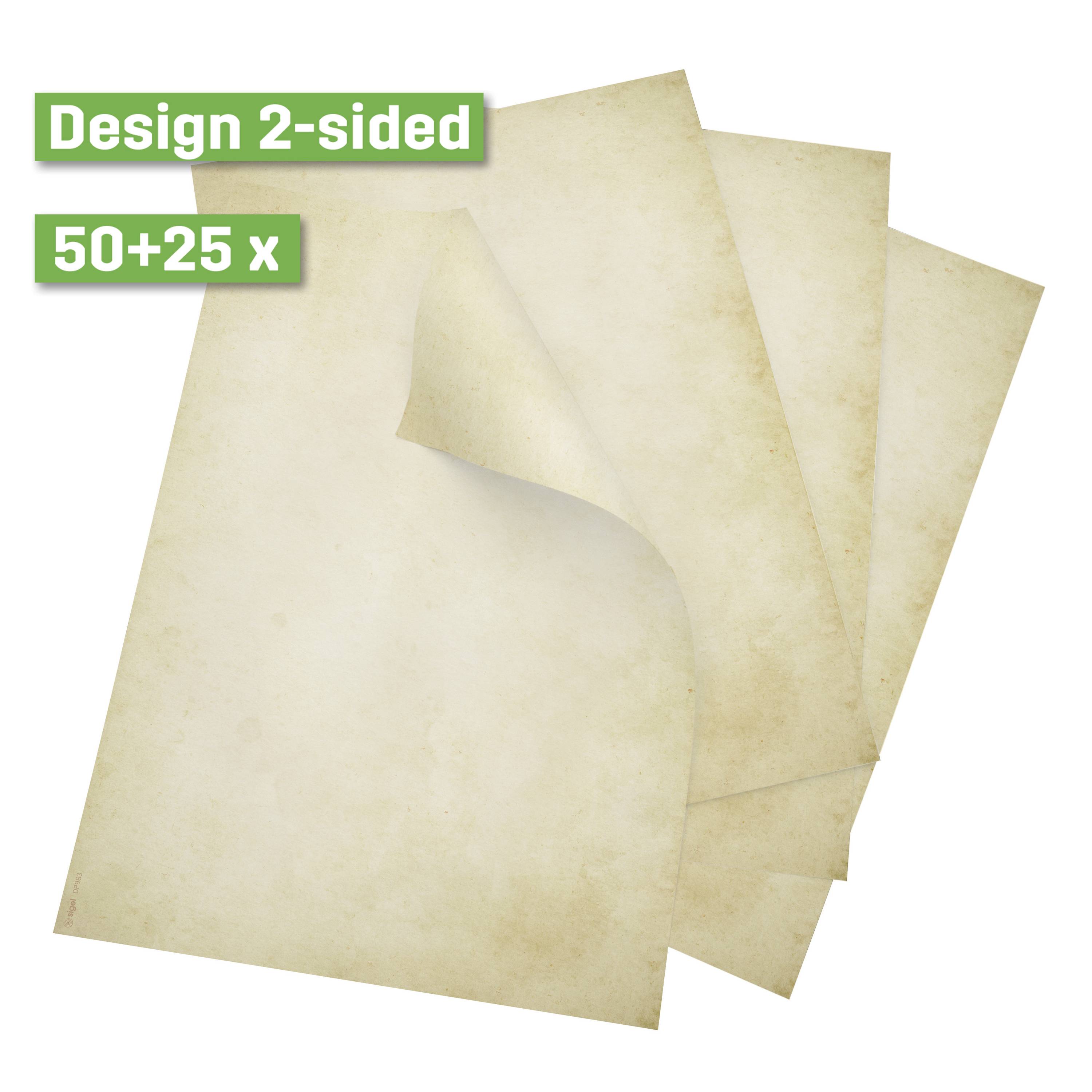 Tři oboustranně potištěné, lehce zvlněné, staré, béžové papíry položené přes sebe. Text vlevo nahoře: 'Design 2-sided 50+25 x'.