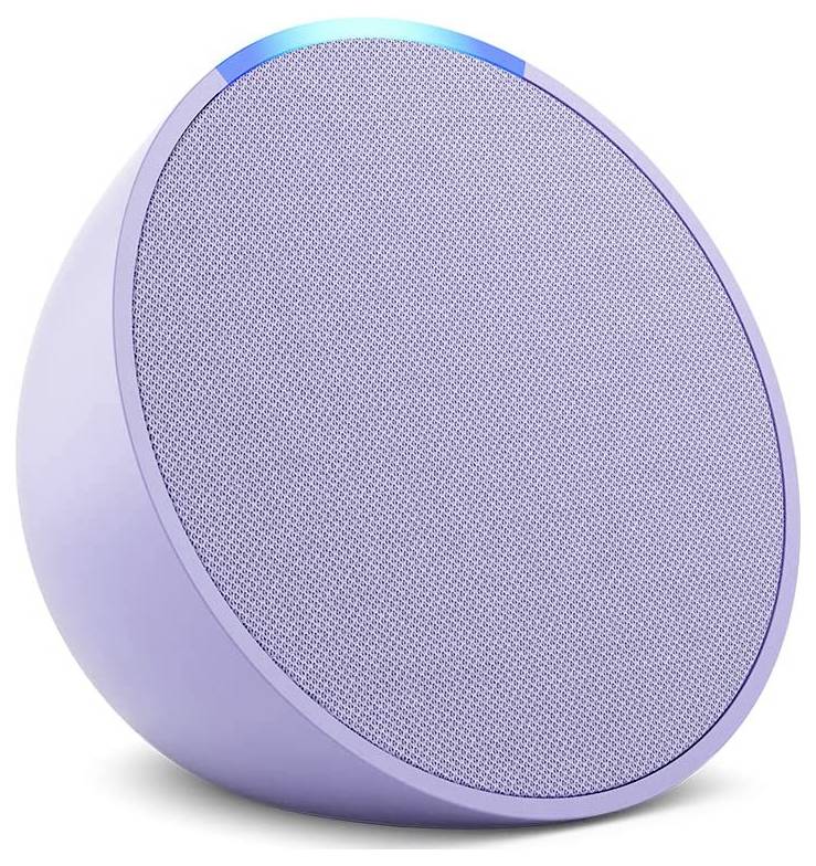 Fialový oválný reproduktor se stříbrnou mřížkou a modrým světelným kruhem nahoře.