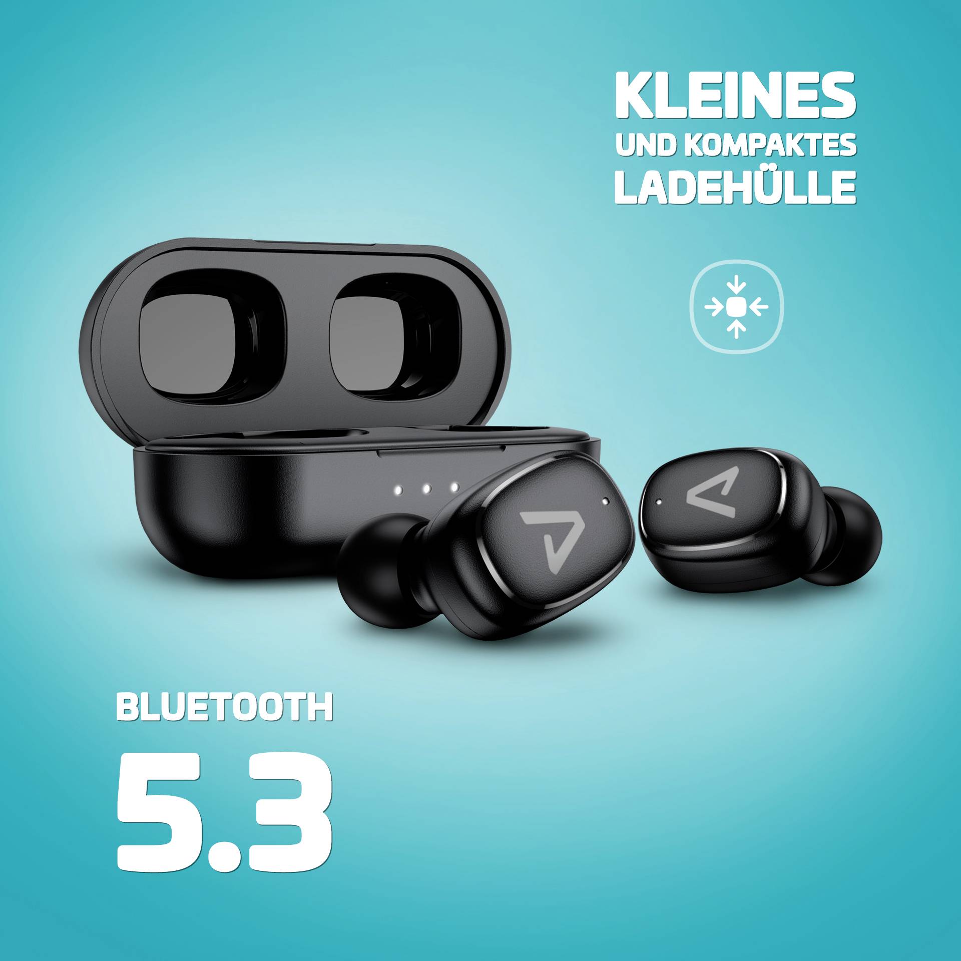 Černé bezdrátové sluchátky s nabíjecím pouzdrem na modrém pozadí. Text: 'Malé a kompaktní nabíjecí pouzdro', 'Bluetooth 5.3'.