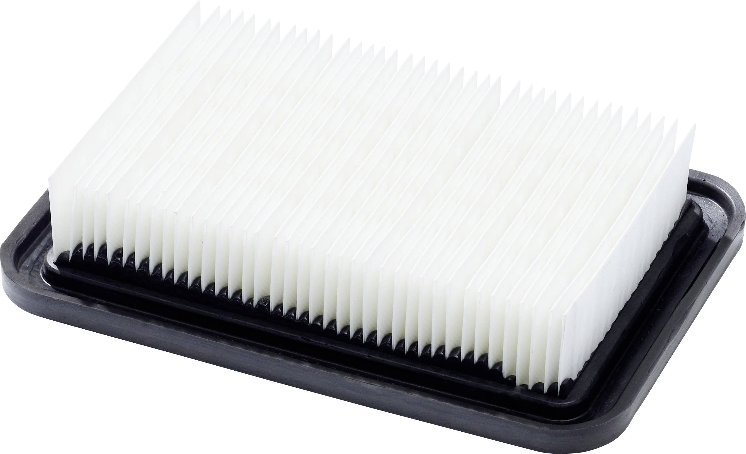 Pravoúhlý bílý vzduchový filtr se zvlněnými okraji umístěný na černém rámu.