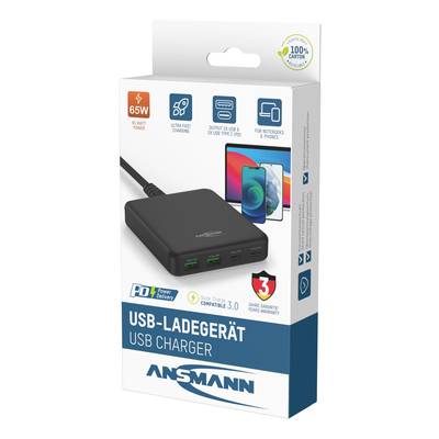 Nabíječka Ansmann USB v bílém balení. Vhodná pro laptopy a mobilní telefony, nabízí výkon 65W a má dva USB porty.