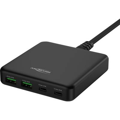 Černá nabíječka se čtyřmi USB porty a síťovým kabelem.