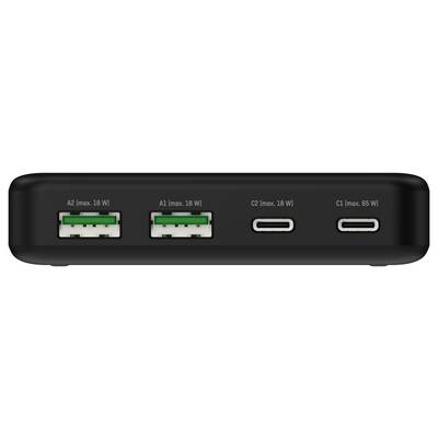 Čtyři USB porty na jedné nabíječce: dva USB-A, které jsou označeny jako „max. 18 W", a dva USB-C, které jsou označeny jako „max. 18 W" a „max. 65 W".
