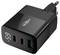 Černá USB nabíječka s evropskou zástrčkou, zobrazující výkon '65 W', má dva USB-C a jeden USB-A port.
