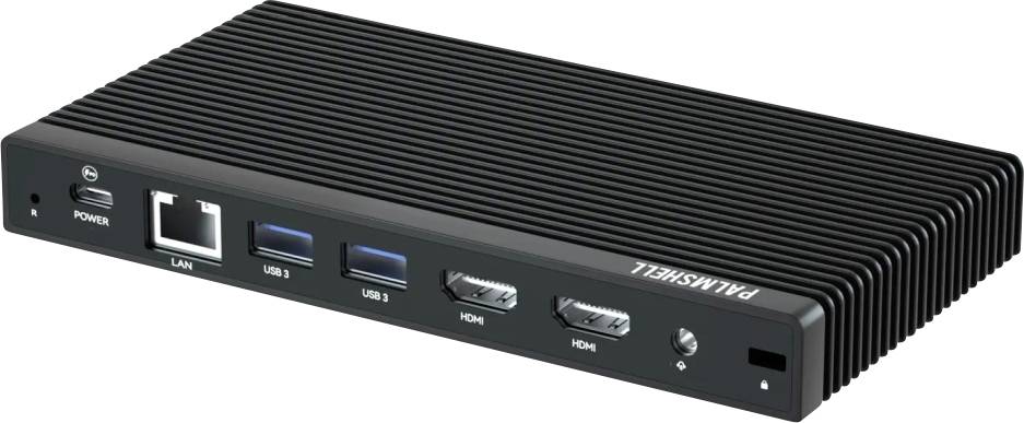 Kompaktní mini-počítač s konektory: LAN, dva USB porty, dva HDMI porty a napájecí konektor. Kryt zařízení je označen nápisem 'PANTHER'.