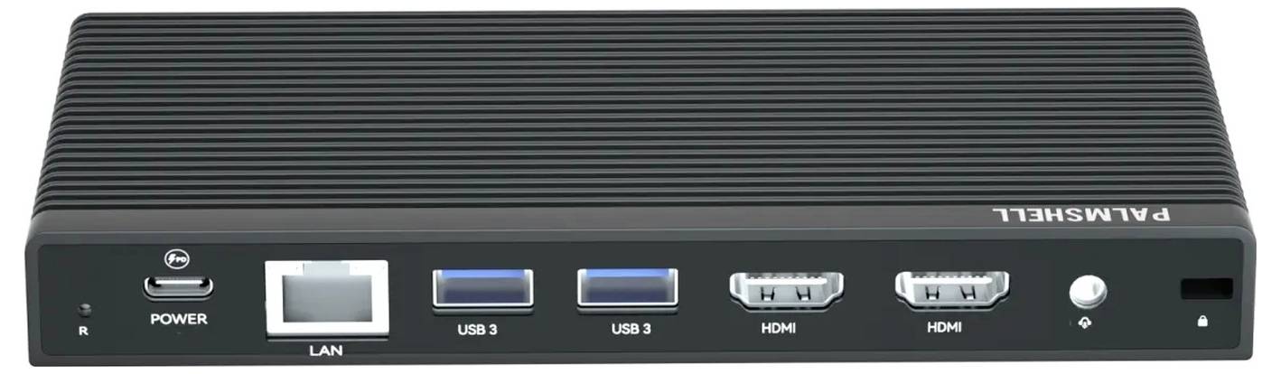 Kompaktní černý mediální konvertor s porty: napájení, LAN, dva USB, dva HDMI. Vhodný pro síťový a video přenos.
