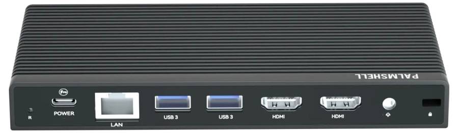 Černý síťový switch s porty pro napájení, LAN, dva USB 3.0 porty, dva HDMI porty a jeden audioport.