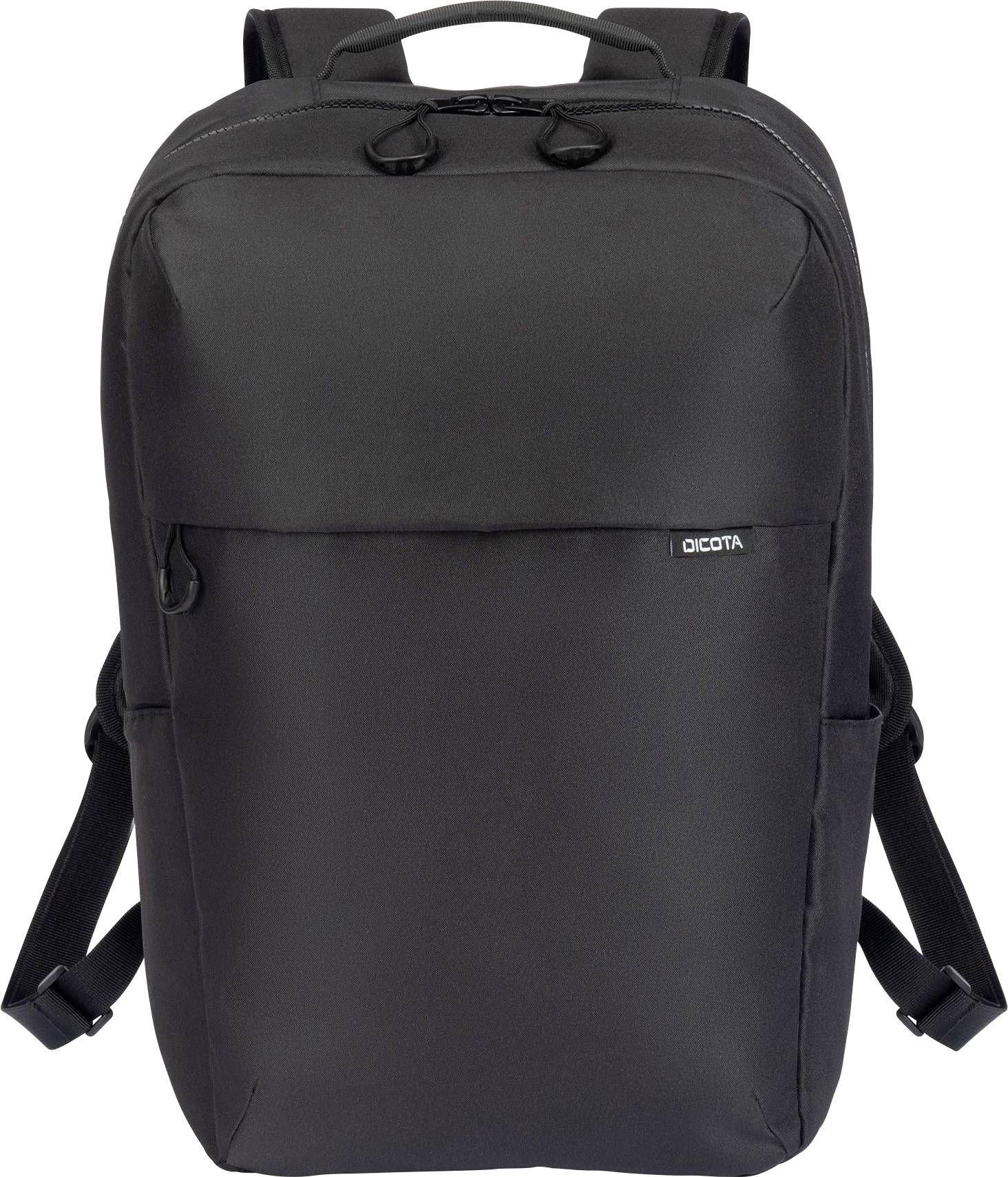 Černý batoh s jednoduchým, elegantním designem a nastavitelnými popruhy, vhodný do školy nebo do kanceláře.