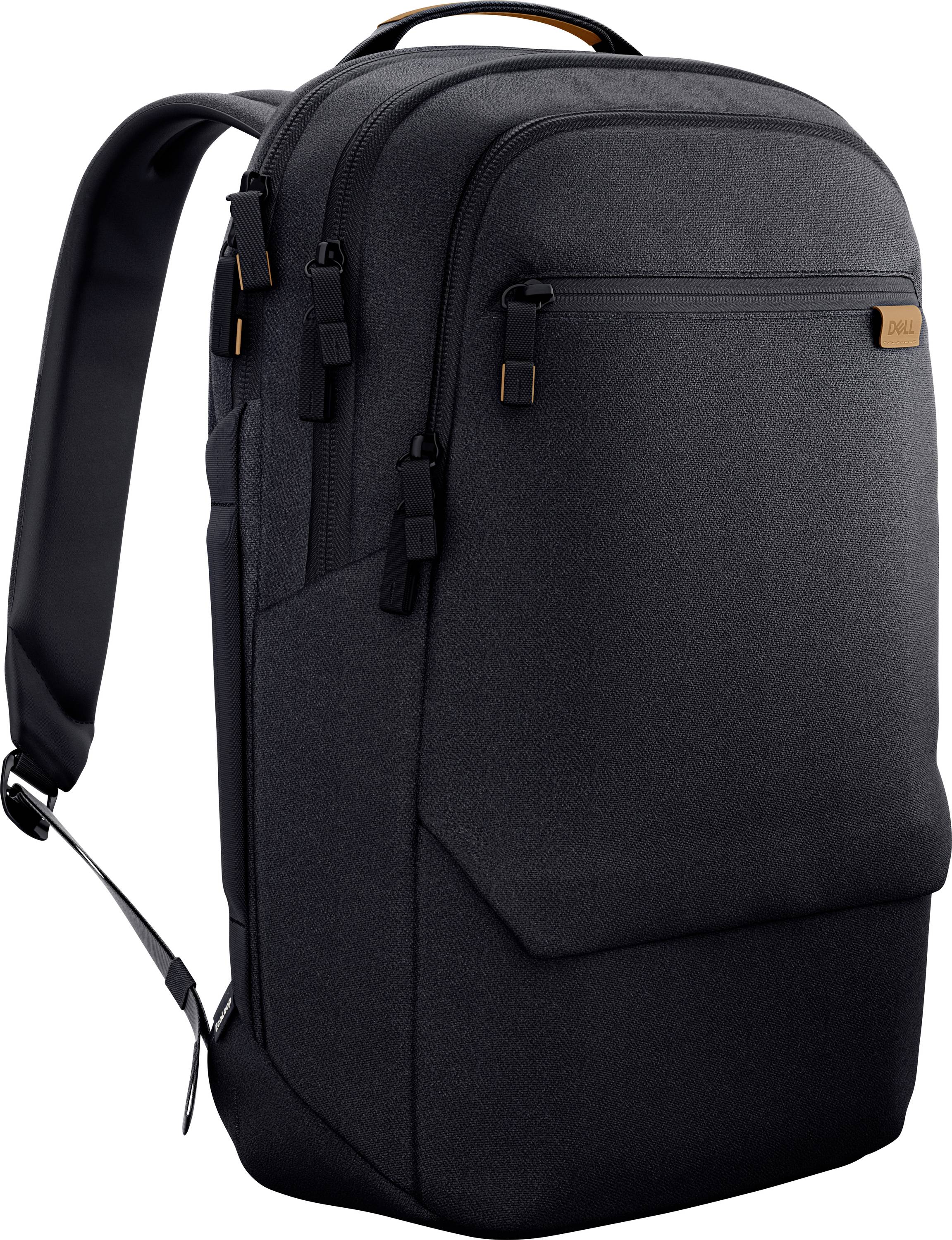Černý batoh s několika zipovými kapsami, vhodný pro přepravu laptopů a příslušenství.