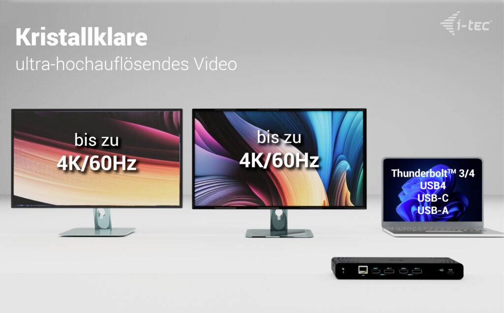 "Dva monitory s nápisem "až 4K/60Hz" a notebook s porty pro Thunderbolt 3/4, USB4, USB-C a USB-A."