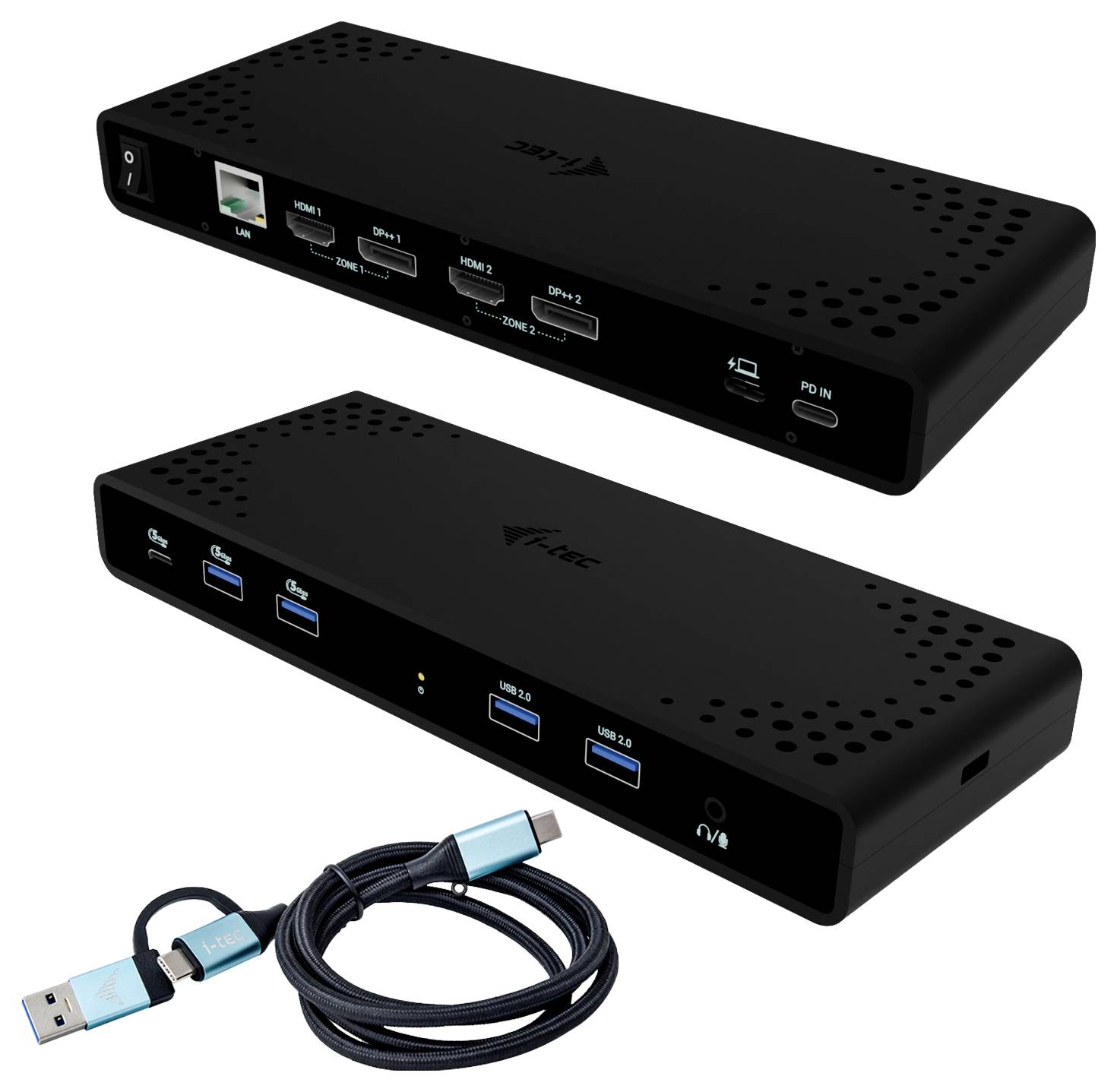 Černá dokovací stanice s několika porty: HDMI, DisplayPort, USB, Ethernet. Připojení kabelů je rovněž zobrazeno.