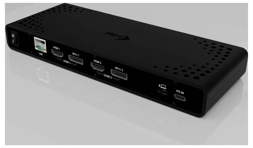 Černé elektronické zařízení s konektory, včetně HDMI, DisplayPort a LAN. Nápis na horní straně není čitelný.