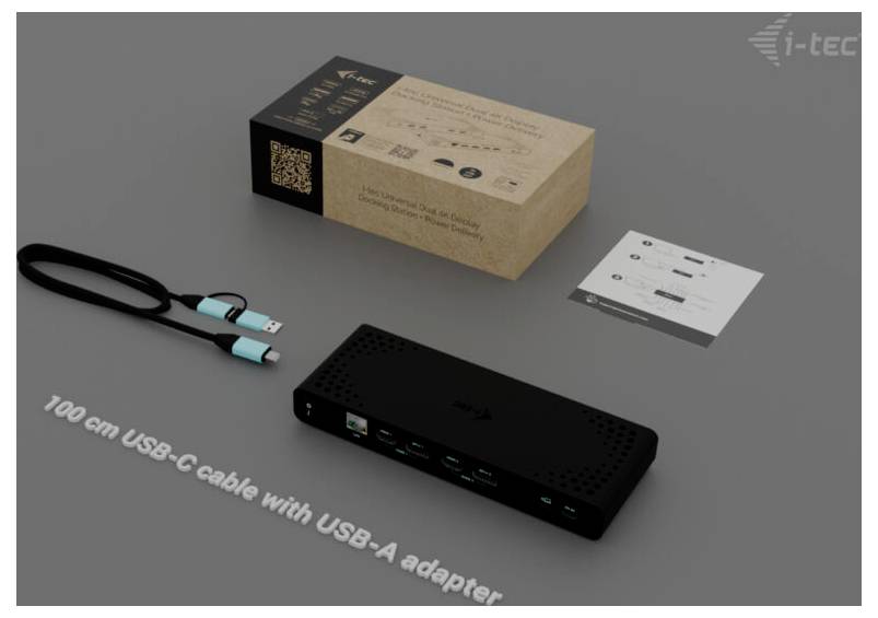 Sada USB rozbočovače sestávající z černého USB rozbočovače s několika porty, USB-C kabelu s USB-A adaptérem, obalu a návodu k použití.