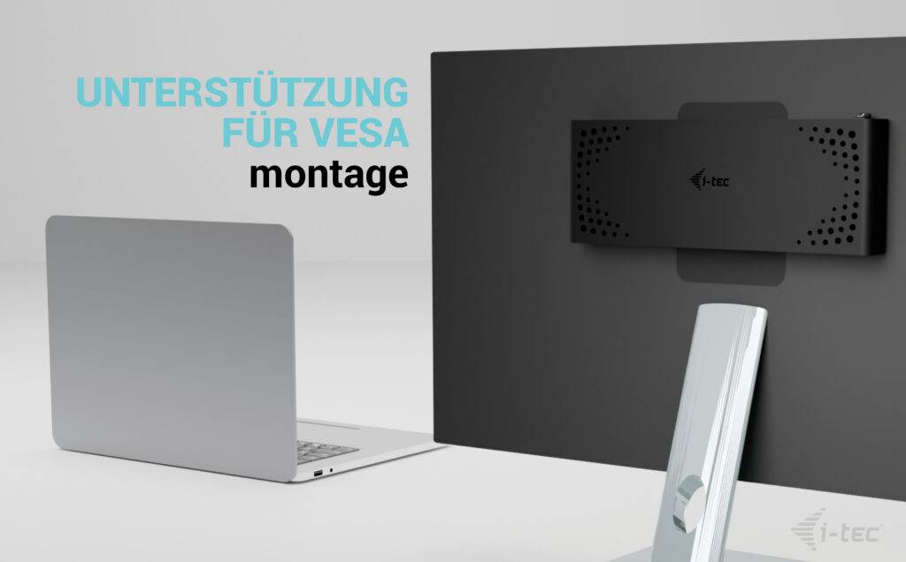 Notebook a monitor s VESA uchycením. Text: 'Podpora pro VESA montáž'.