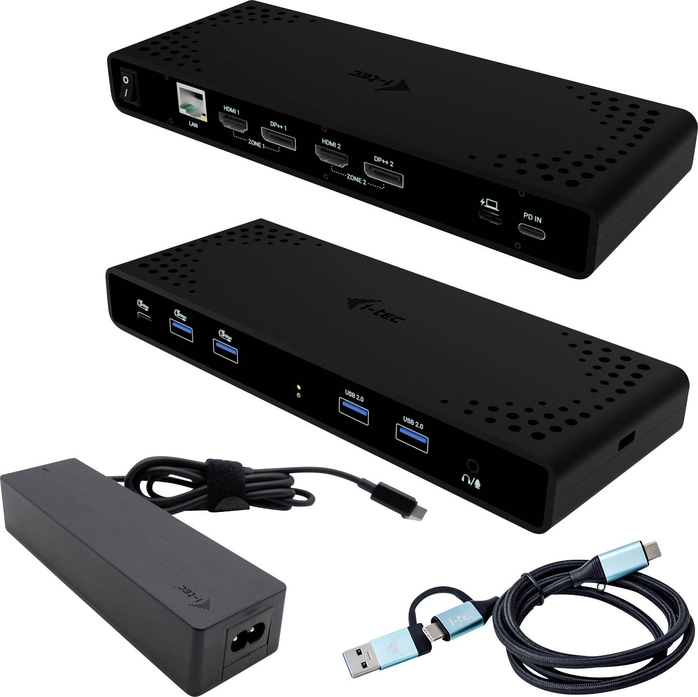 USB-C dokovací stanice s více porty, včetně HDMI, USB a Ethernetu. Obsahuje napájecí kabel a USB propojovací kabel.