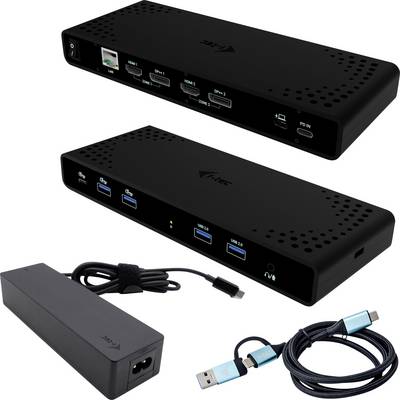 USB-C dokovací stanice s více porty, včetně HDMI, USB a Ethernetu. Obsahuje napájecí kabel a USB propojovací kabel.