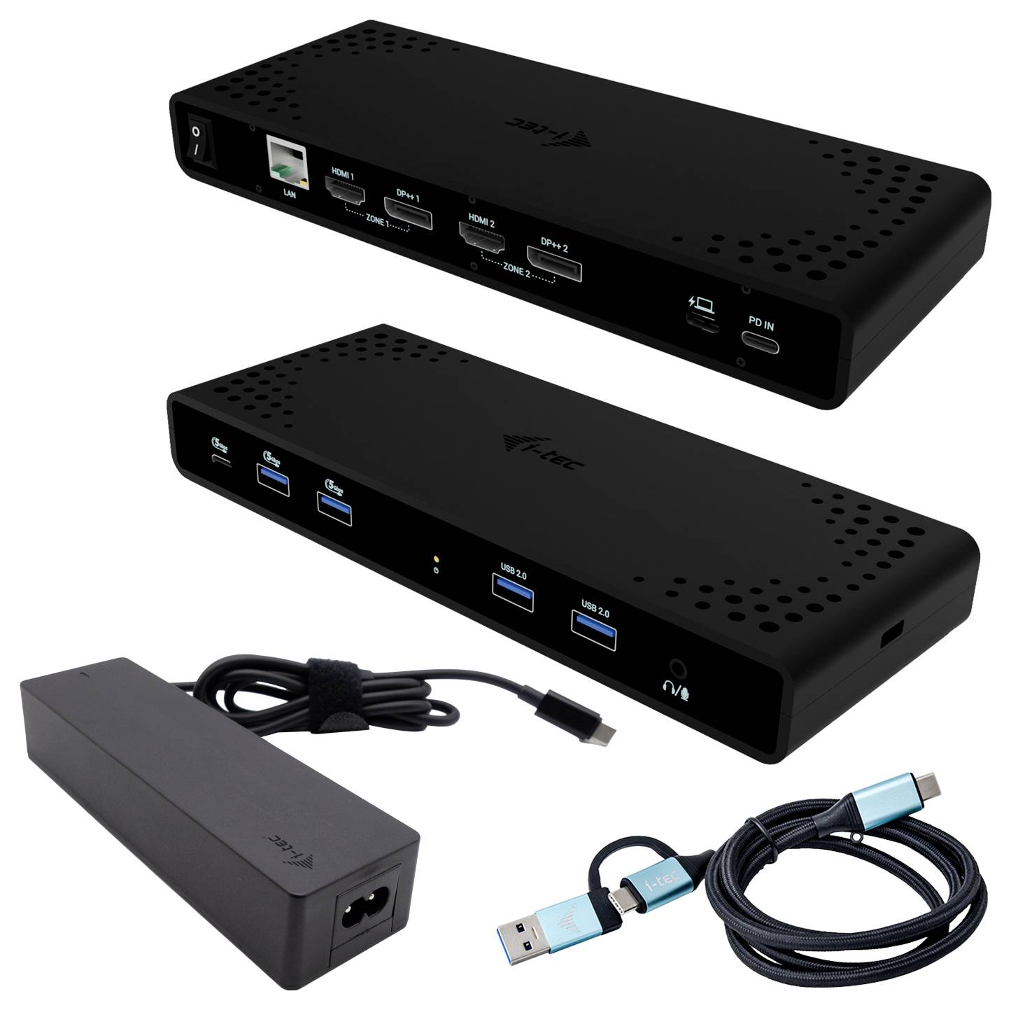 USB dokovací stanice s ethernetovým, HDMI a displejem konektory a USB 3.0 porty; obsahuje také napájecí adaptér a USB kabel.