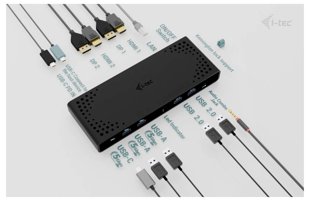 USB dokovací stanice s více porty: HDMI, DisplayPort, USB-C, USB-A, LAN a Audio. Zobrazuje dostupné porty a typy kabelů.