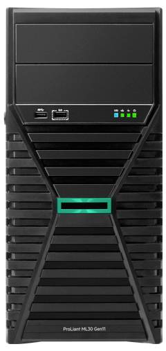 Černý počítačový server s moderní strukturou větracích mřížek na přední straně. Štítek pod ním uvádí 'ProLiant ML30 Gen11'.