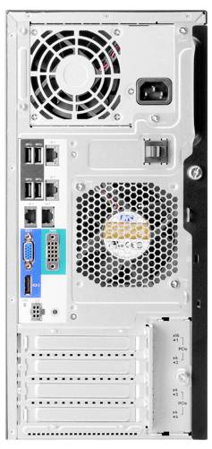 Zadní strana počítače s porty: ventilátor, napájecí konektor, USB a ethernetové porty, VGA a sériové rozhraní.