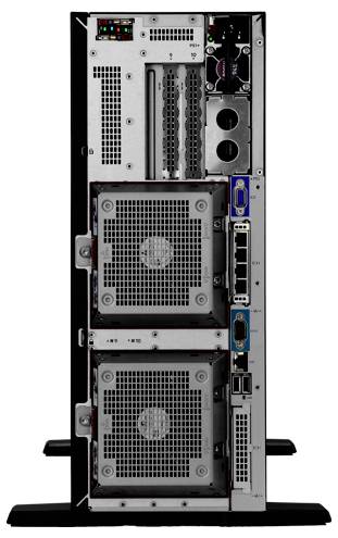 Zadní strana počítačového serveru s ventilátory, napájecími zdroji a různými připojovacími možnostmi, včetně USB a ethernetových portů.