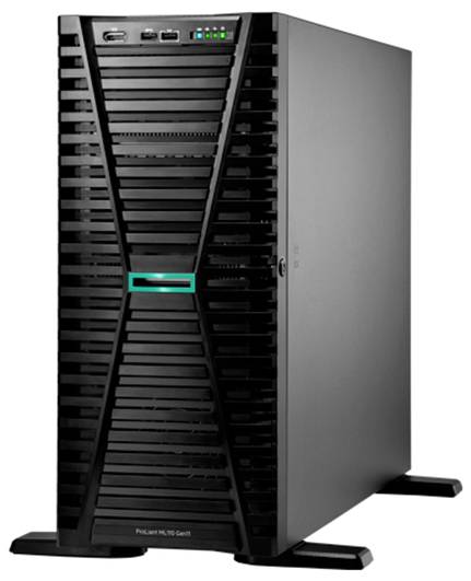 Černý serverový stojan s několika větracími štěrbinami a konektory na horní straně, stojící na nožkách v serverovně.