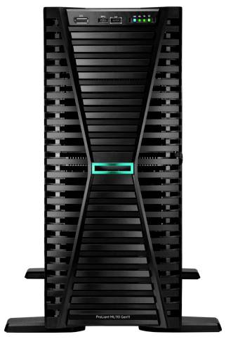 Černý serverový tower s LED diodami a USB porty na horní přední straně. Označený štítkem 'ProLiant ML110 Gen11'.