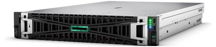 Černý server s logem HPE na přední straně, umístěný v stříbrné skříni. Vhodný pro IT infrastruktury.