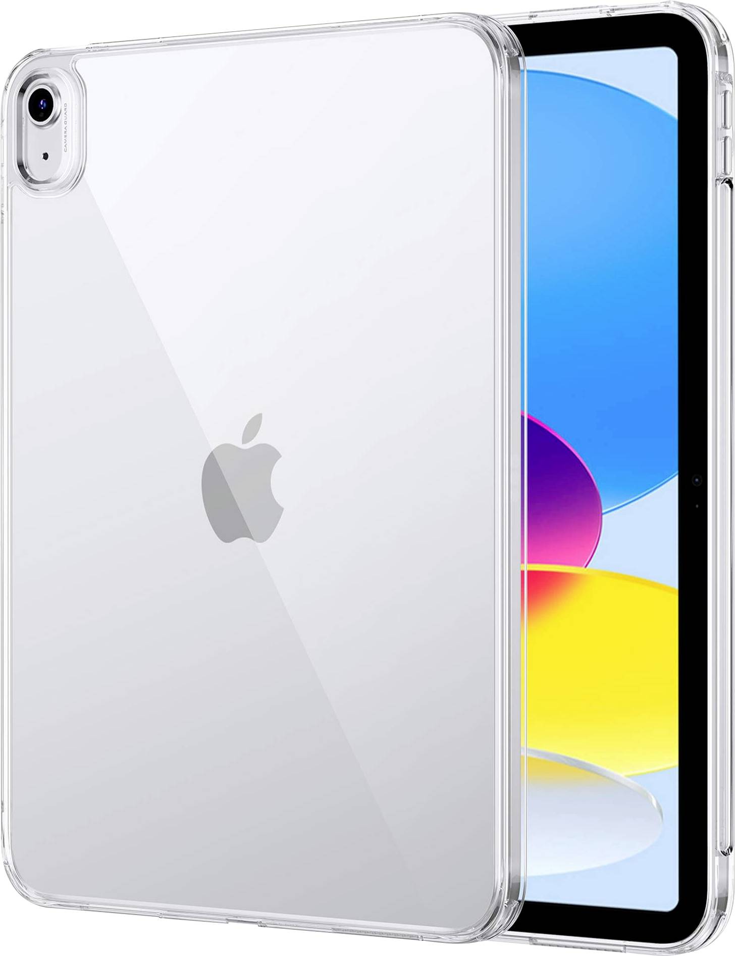 Průhledný obal na iPadu s barevným displejem. Nad kamerou je viditelné jablkovité logo Apple.