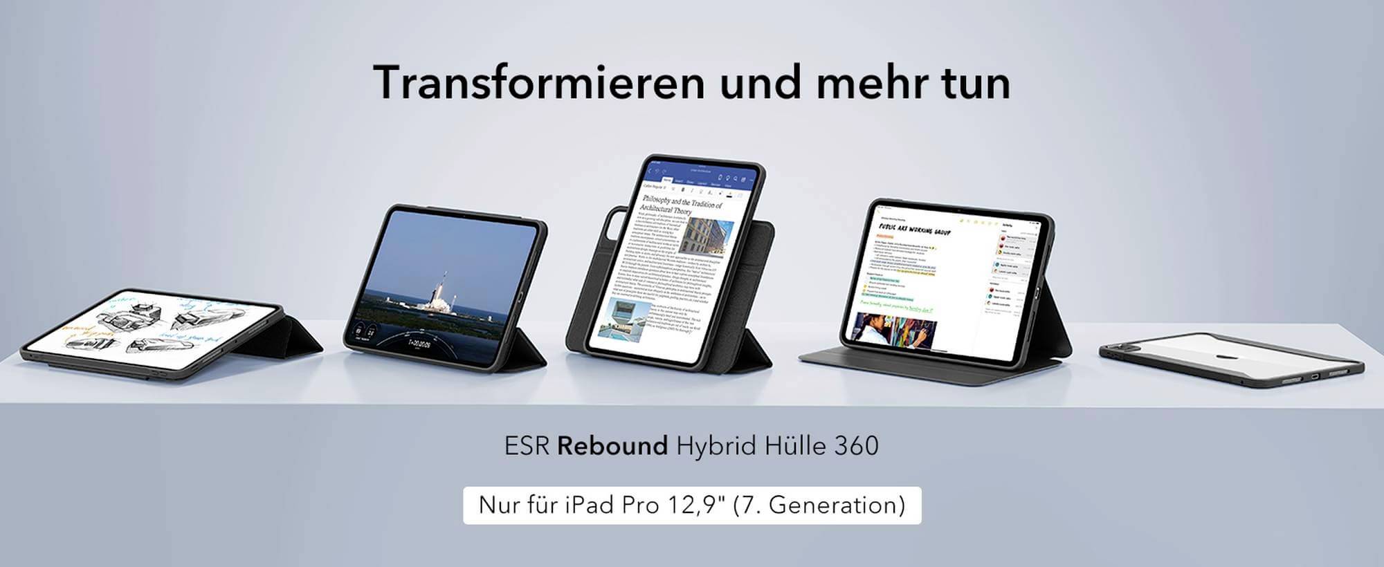 Obrázek zobrazuje pět iPadů v různých stojanech s textem 'Transformujte a dělejte více'. Pod ním je napsáno 'Pouze pro iPad Pro 12,9" (7. generace)'.