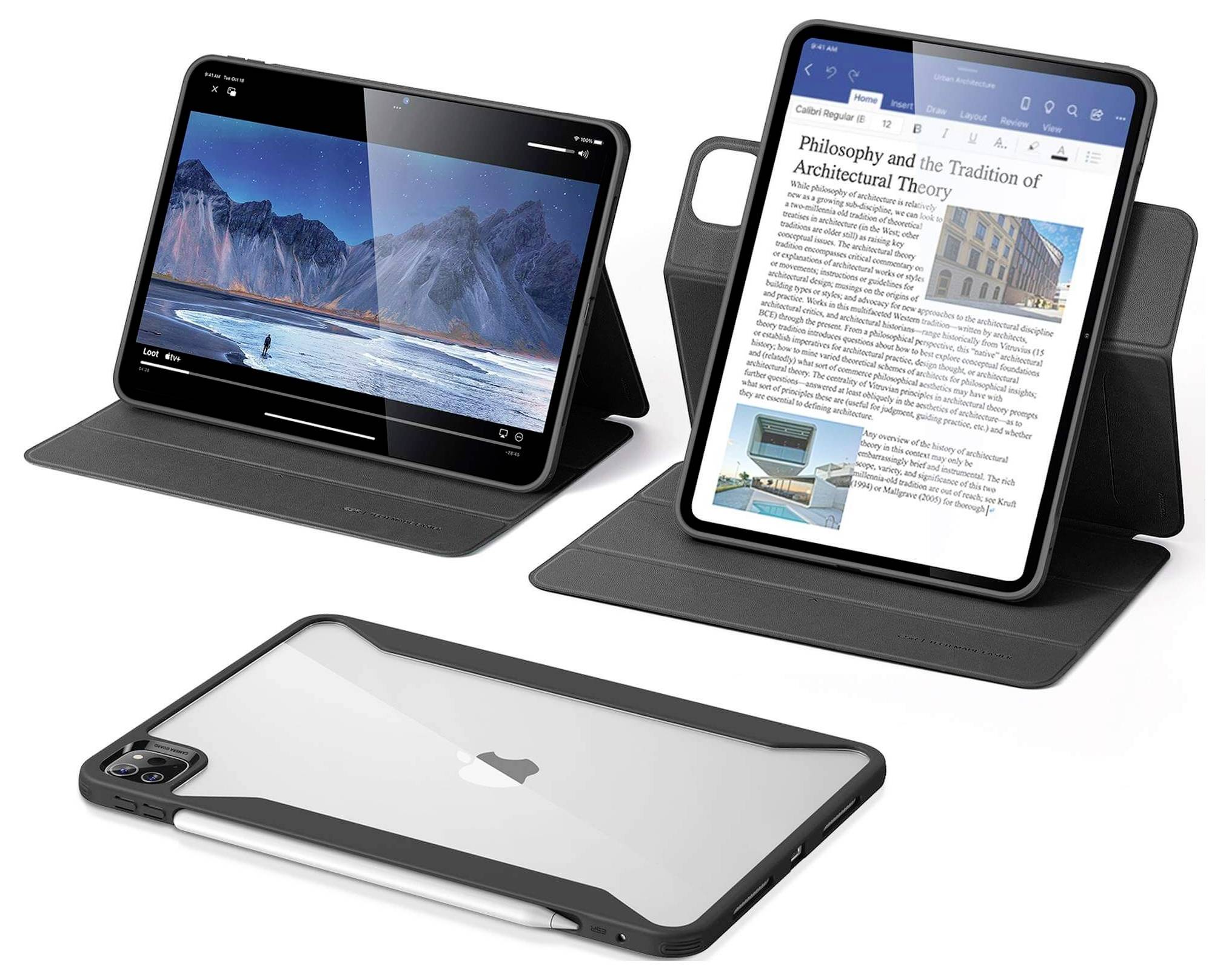 Dvě tablety v obalech, jedna zobrazuje krajinu, druhá text o architektonické teorii. Vedle toho obal s logem Apple.