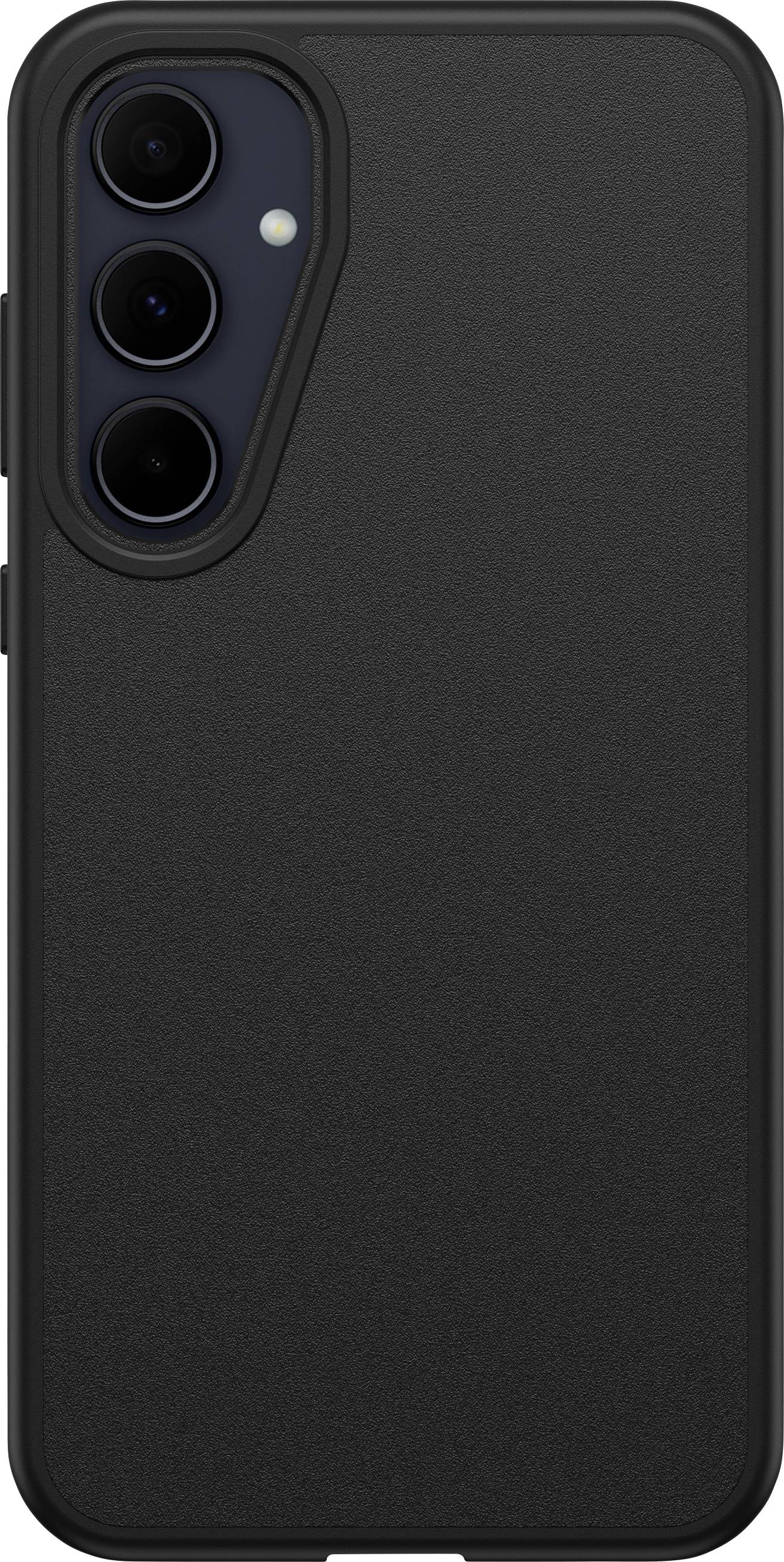 Jednoduché, černé smartphone se třemi fotoaparáty umístěnými vertikálně na zadní straně.