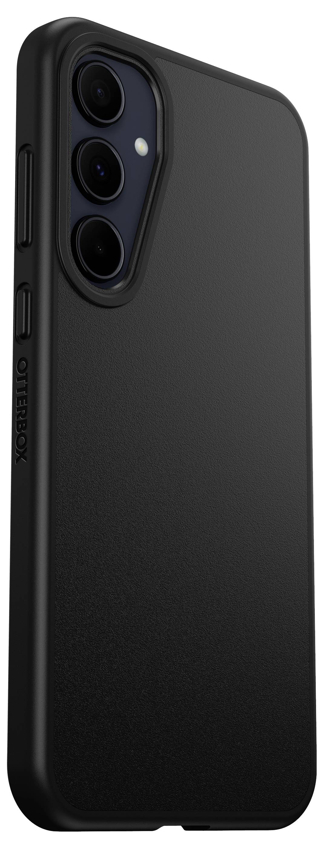 Černý smartphone se třemi objektivy na zadní straně; boční pohled na kryt s logem značky 'OtterBox'.