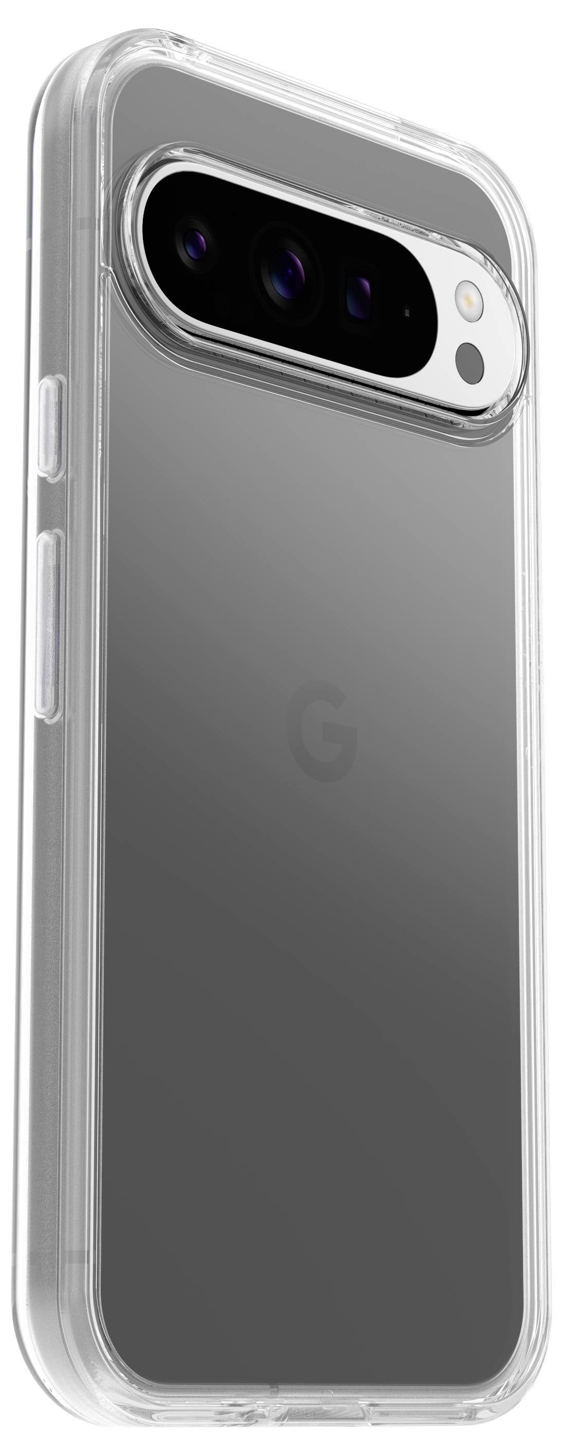 Průhledný mobilní kryt s výřezem pro fotoaparáty, vhodný pro stříbrný smartphone.