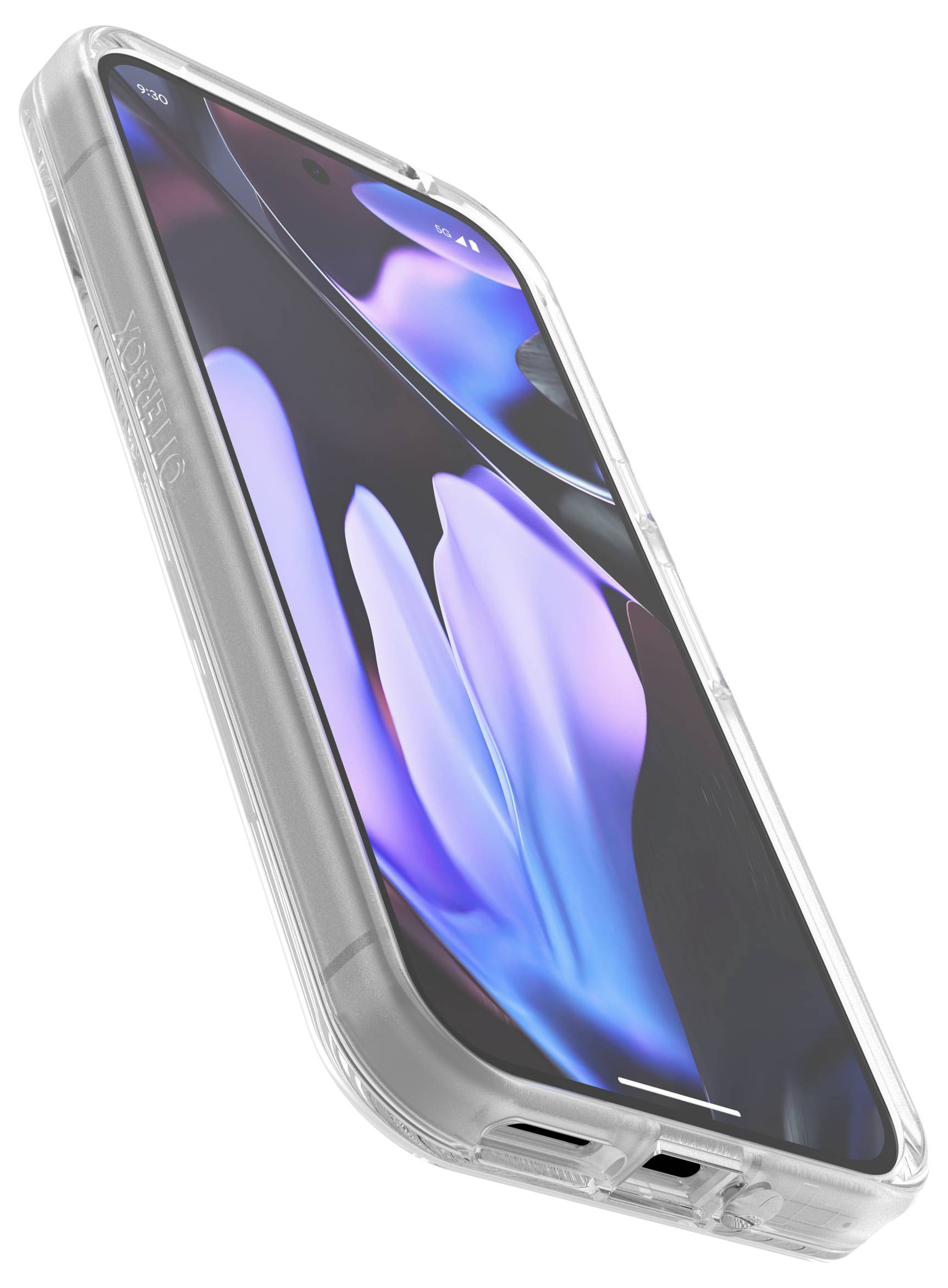 Smartphone s průhledným ochranným pouzdrem, jehož displej zobrazuje abstraktní fialové a modré tvary.