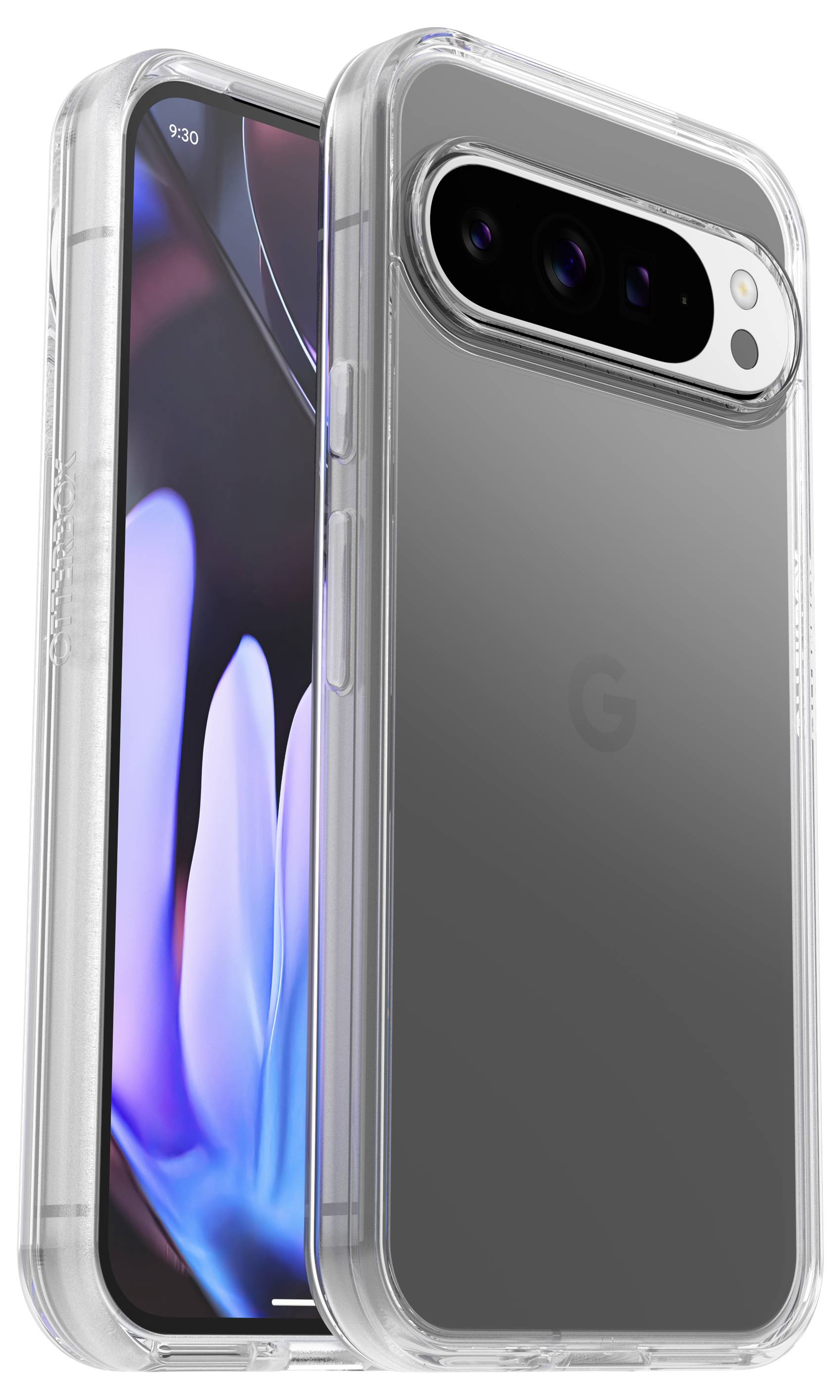 Průhledný smartphone kryt chránící displej s osvětleným obrazem a zařízení se třemi kamerovými objektivy.