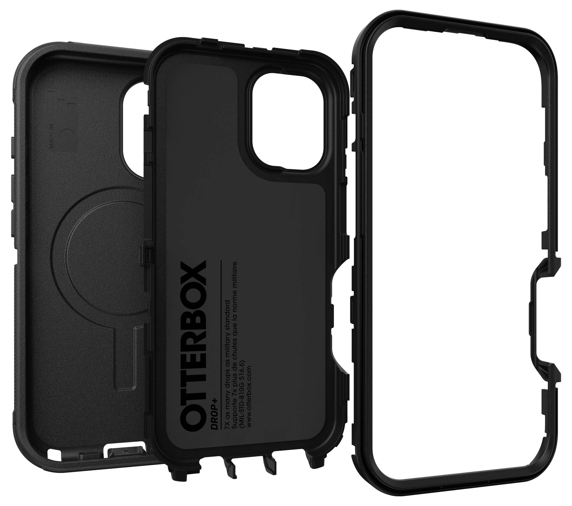 Černý mobilní kryt OtterBox s několika vrstvami zdůrazňující ochranu. Vlevo pouzdro otevřené, vpravo dodatečný rám.