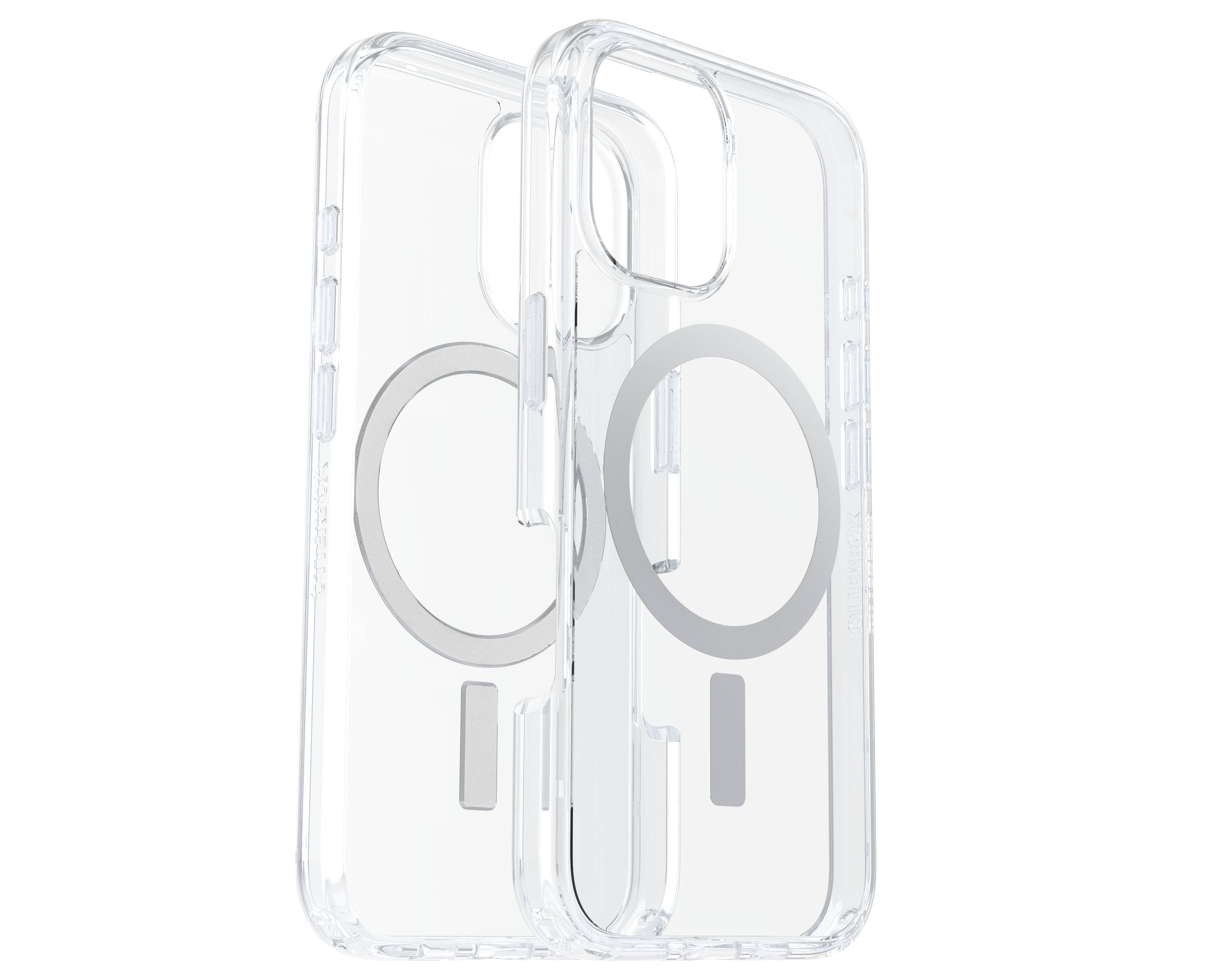 Dvě průhledné obaly na mobilní telefon se symbolem MagSafe v kruhovém tvaru.