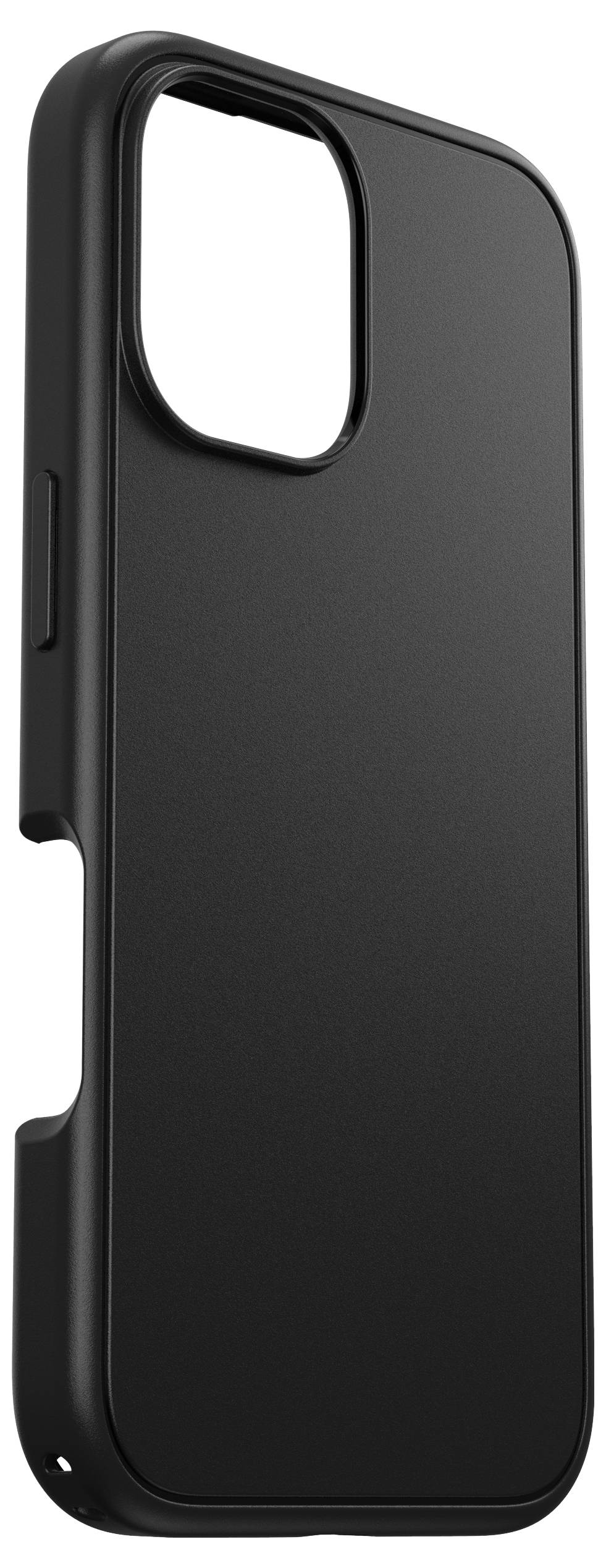 Černý kryt na mobil s jednoduchou, štíhlou formou. Žádná loga nebo ozdoby nejsou viditelné. Vhodné pro minimalistický design.