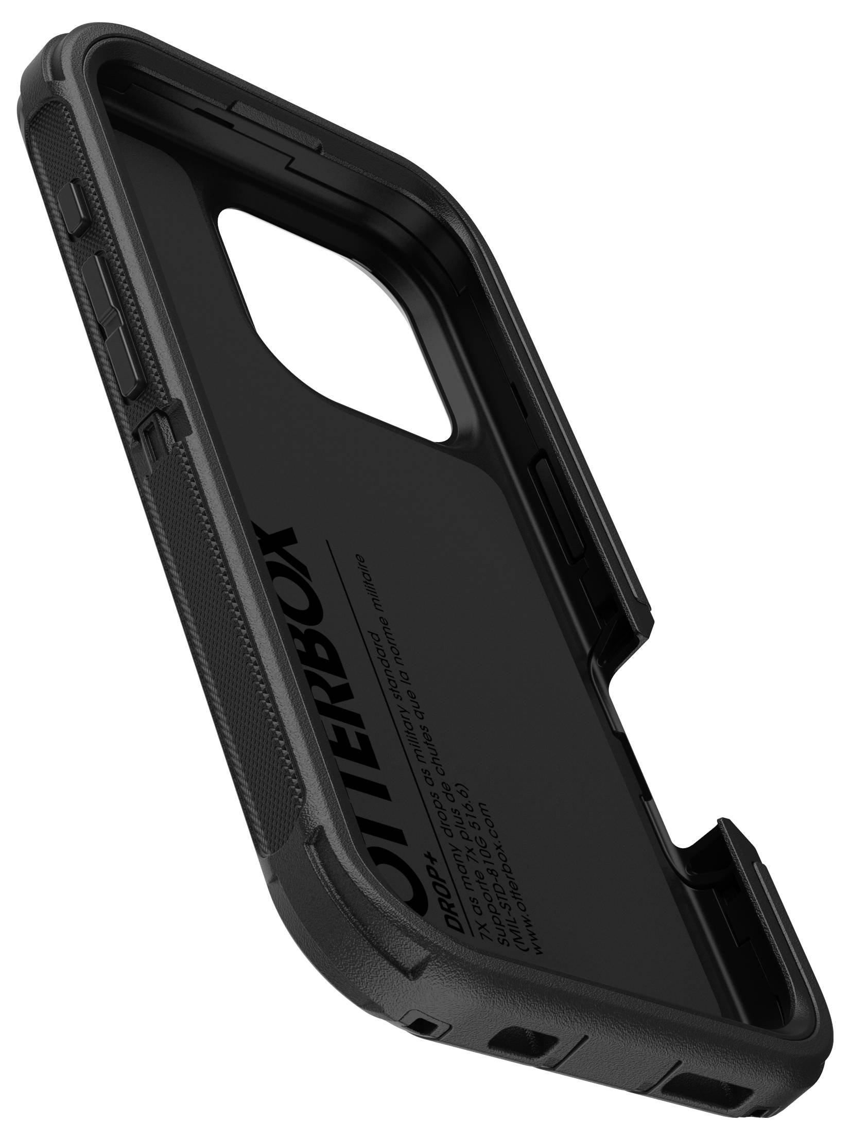 Černý obal na mobil stojící vzpřímeně ukazuje svůj vnitřní povrch a logo. Vypadá robustně a ochranně.