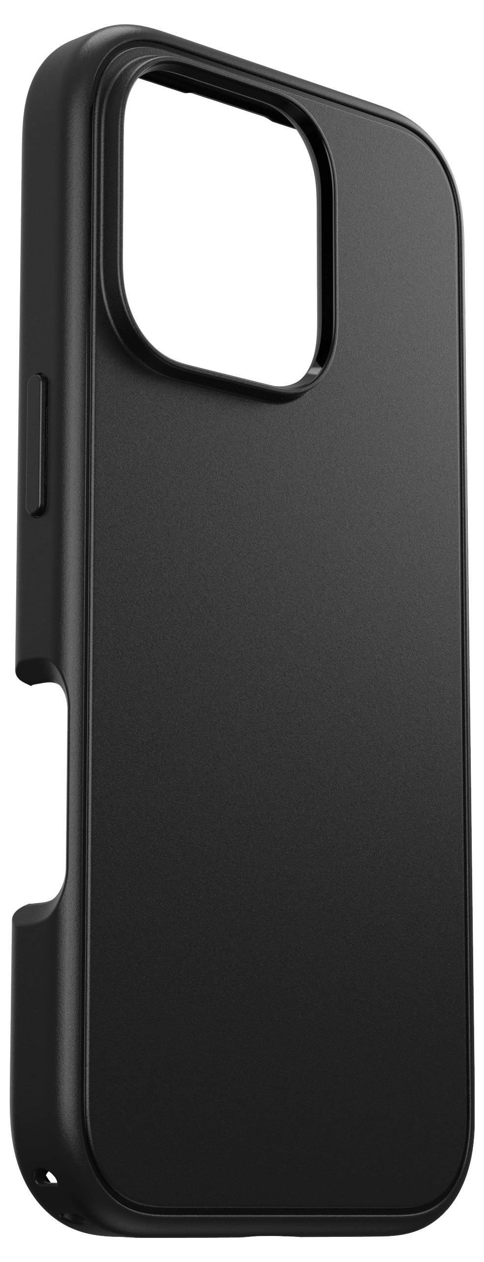 Černý obal na smartphone s elegantním designem a přesnými výřezy pro tlačítka a fotoaparát.