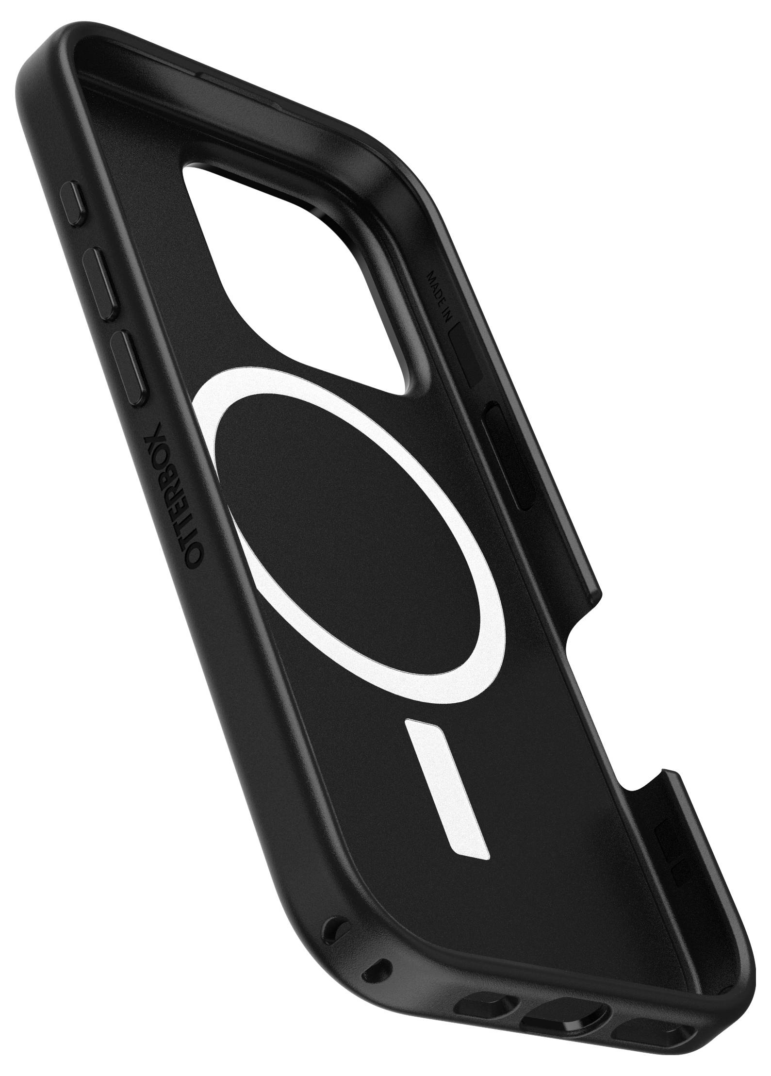 Černý kryt na smartphone s logotypickým symbolem a nápisem 'OtterBox' na straně, vhodný pro model s otvory pro fotoaparát.